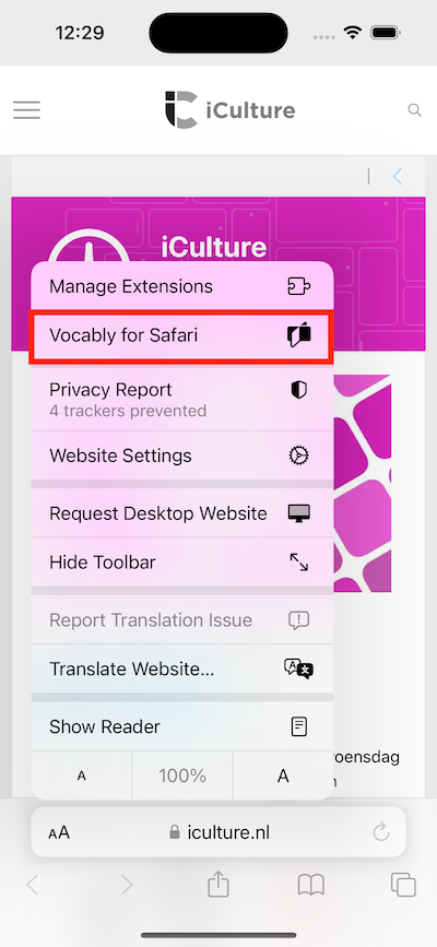 Vocably for Safari in the website menu.