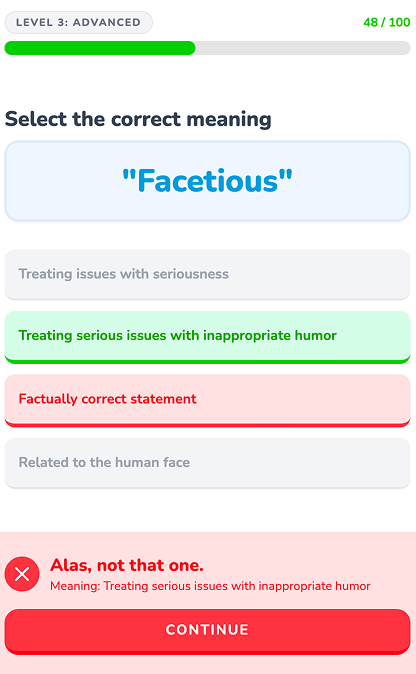 The screenshot of VocabOwl with the word Facetious answered incorrectly.