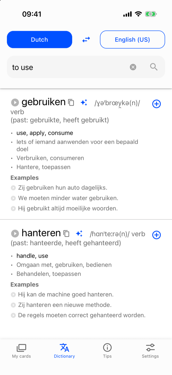 The English phrase to use typed in, with the Dutch words gebruiken and hanteren in the results.