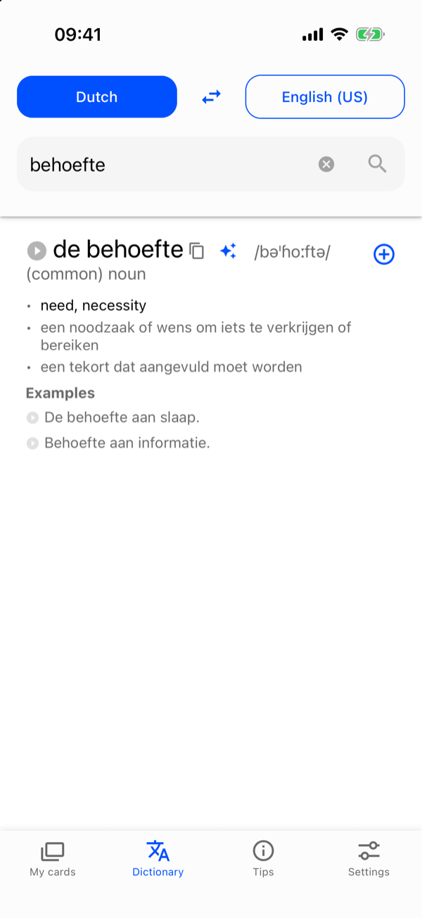 The Dutch word behoefte looked up, with its translation, examples, and the add button.