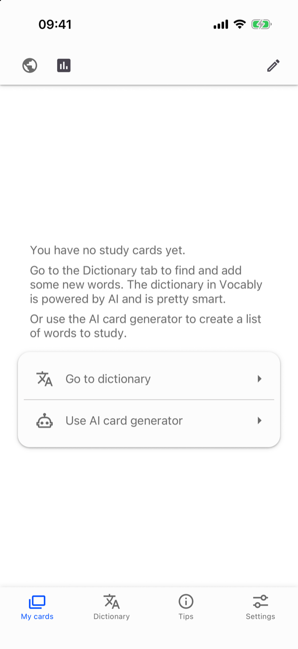 The empty My cards screen with the Dictionary tab at the bottom.